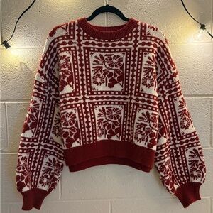 Cider Red and White Floral Sweater Round Neckline